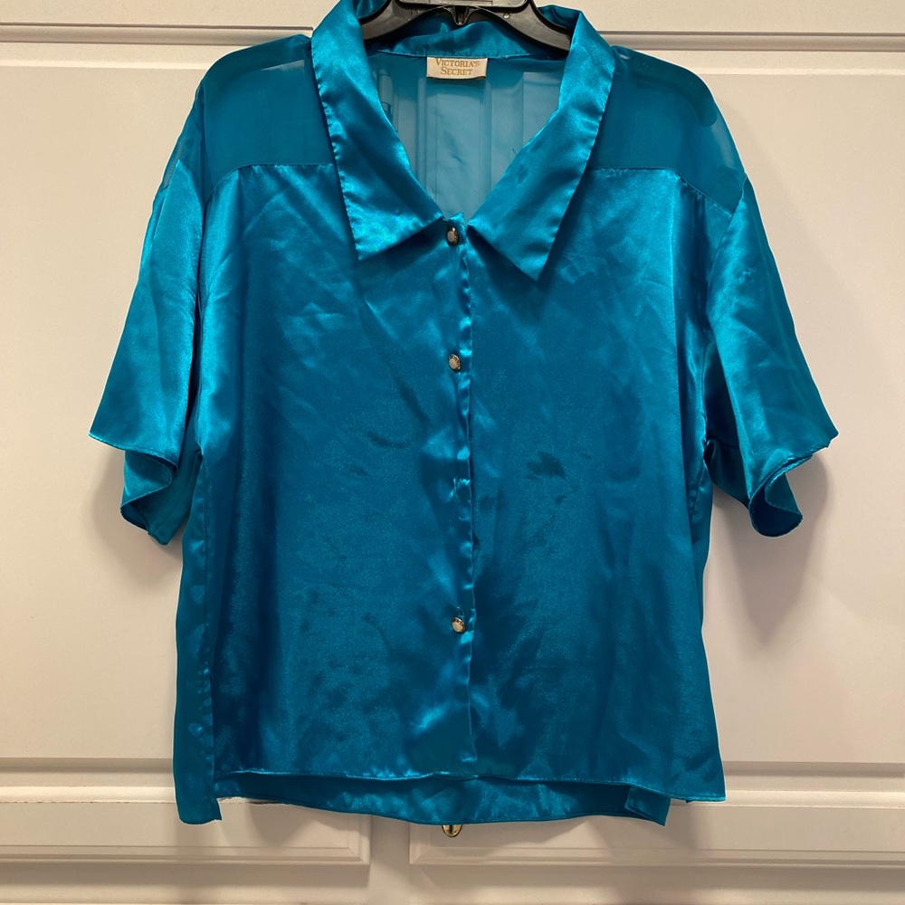 Victoria’s Secret Vintage Turquoise Satin Sleep Short Sleeve Shirt Women Size M